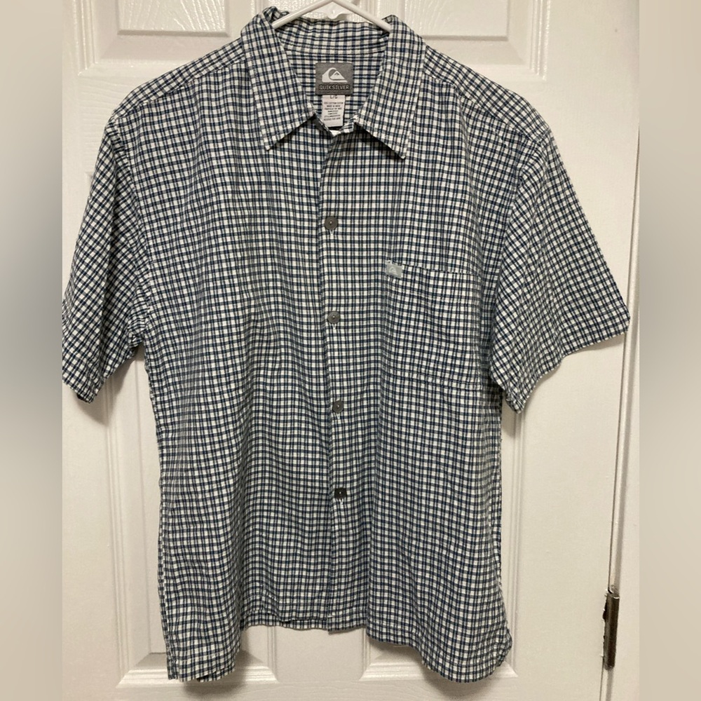 •Quicksilver Blue & White Checkered Plaid Button Down Large Shirt #D